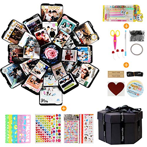 LEADSTAR Explosion Box, Álbum de Fotos Creative Scrapbook DIY de Bricolaje Libro Recuerdos Caja de Explosiones con 6 Caras para Cumpleaños Aniversario Boda San Valentín Día de la Madre Navidad, Negro