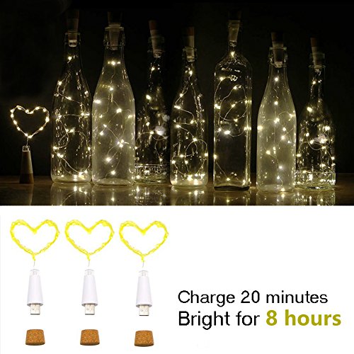 LED Botella corcho Luces, Alimentado por USB Recargable, 1.9m Alambre de cobre con 20 LED Luces de cadena, para Bricolaje Decoración Al aire libre Partido Boda Vacaciones (3 Piezas, Blanco cálido)