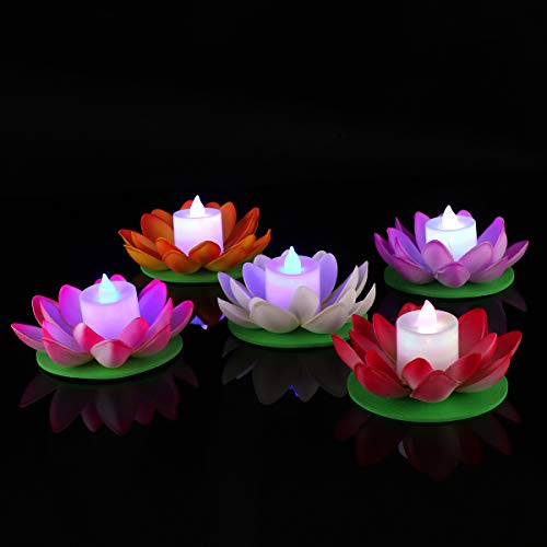 LEDMOMO 5 unids Lámpara de Loto Flotante Deseando Lily Candle Lotus Tealight Artificial Vela Flor Linternas Piscina Luz para Festival