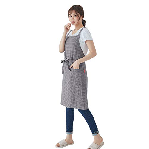 LeerKing Delantal de Cocina 100% algodón y Lino Delantal de Chef Hornear jardinería Restaurante Barbacoa con 2 Bolsillo Delantales de Cocinero Cuadrados Cruzados para Mujeres, Gris