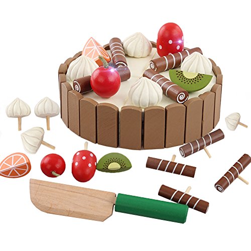 Leisial™ Mini Set de Juguete para Niños Cortar Tarta de Cumpleaños con Pastel de Fruta Alimento de Juguete Madera Cocina y Comida Estuche de Juego