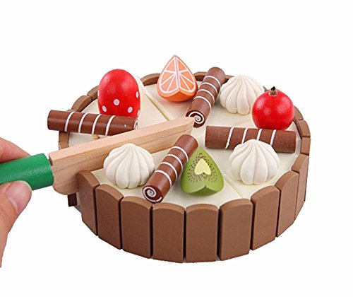 Leisial™ Mini Set de Juguete para Niños Cortar Tarta de Cumpleaños con Pastel de Fruta Alimento de Juguete Madera Cocina y Comida Estuche de Juego