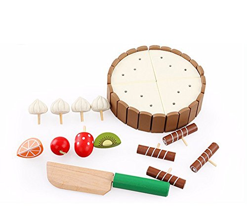 Leisial™ Mini Set de Juguete para Niños Cortar Tarta de Cumpleaños con Pastel de Fruta Alimento de Juguete Madera Cocina y Comida Estuche de Juego