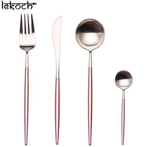 LEKOCH Cubiertos de acero inoxidable de 18/10, 4 piezas, que incluyen tenedores, cubiertos de cuchillos, cucharas (rosa y plata)