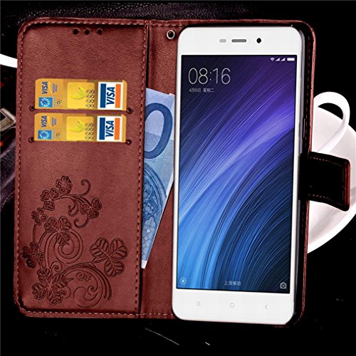 LEMORRY Funda para Xiaomi Redmi 4A Estuches Gofrado Cuero Flip Cover Billetera Piel Protector Magnética con Tarjetas Ranura TPU Silicona Carcasa Tapa para Xiaomi Redmi 4A, Hoja Afortunada (Marrón)