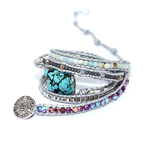 Leobtain Pulsera de Cuero para Mujer Envolver Turquesa Encanto Rosario de Vida Joyeria Artesanal Regalos Hermana Madre Regalos con Hebilla de Aleación