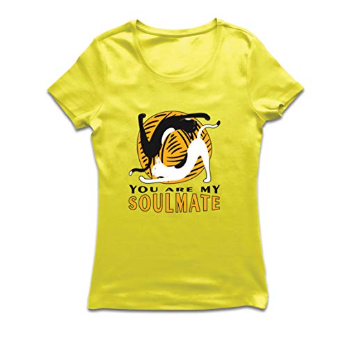 lepni.me Camiseta Mujer Eres mi Soulmate Yoga Cats Twin Flame Yin Yang (Medium Amarillo Multicolor)