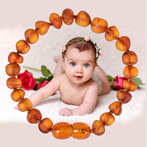 LETAMG Collar Ambar, Pulsera/Tobillera de ámbar, Collar de ámbar Natural Cuentas Redondas para niños Aliviar el Dolor de dentición Caja de Regalo Probado en Laboratorio, con Certificado-Coñac