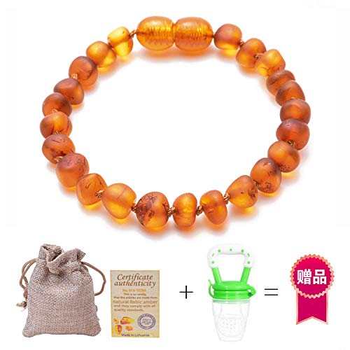 LETAMG Collar Ambar, Pulsera/Tobillera de ámbar, Collar de ámbar Natural Cuentas Redondas para niños Aliviar el Dolor de dentición Caja de Regalo Probado en Laboratorio, con Certificado-Coñac