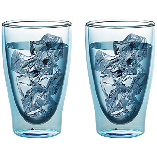 LEVIVO Juego 2002000153 Cristal térmico de Doble Pared, Juego 2 Vasos à 400 ml Largo, Libro sommerdrinks, Cristal, Azul, 22.5 x 15.5 x 10.5 cm, 2 Unidades