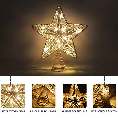 Lewondr Estrella de Punta de Árbol, Estrella Chispeante Brillantes Colgantes Ornamento con Luces Led para Decorativo Festival de árbol de Navidad, Brillante de 28.5CM Estrella de Cinco Punta - Plata