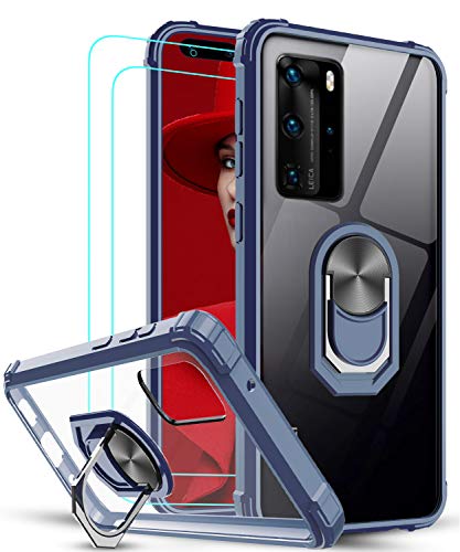 LeYi Funda Huawei P40 Pro con [2-Unidades] 3D Curvo Pet Pantalla,Transparente Carcasa con 360 Grados iman Soporte Silicona Bumper Antigolpes Armor Case para Movil Huawei P40 Pro,Clear Azul