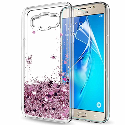 LeYi Funda Samsung Galaxy J7 2016 Silicona Purpurina Carcasa con HD Protectores de Pantalla,Transparente Cristal Bumper Telefono Gel TPU Fundas Case Cover para Movil Galaxy J7 2016 ZX Oro Rosa