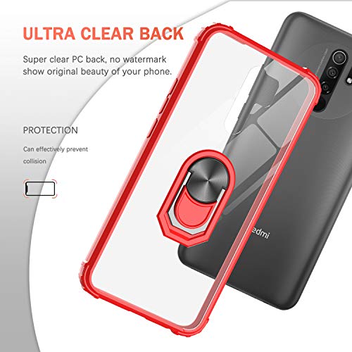 LeYi Funda Xiaomi Redmi 9 con [2-Unidades] Cristal Vidrio Templado,Transparente Carcasa con 360 Grados iman Soporte Silicona Bumper Antigolpes Armor Case para Movil Redmi 9,Clear Rojo