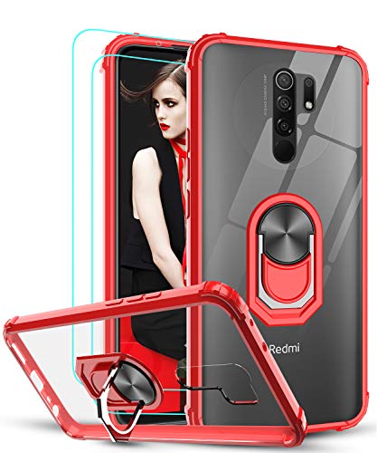 LeYi Funda Xiaomi Redmi 9 con [2-Unidades] Cristal Vidrio Templado,Transparente Carcasa con 360 Grados iman Soporte Silicona Bumper Antigolpes Armor Case para Movil Redmi 9,Clear Rojo