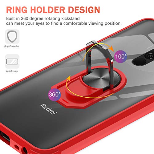 LeYi Funda Xiaomi Redmi 9 con [2-Unidades] Cristal Vidrio Templado,Transparente Carcasa con 360 Grados iman Soporte Silicona Bumper Antigolpes Armor Case para Movil Redmi 9,Clear Rojo