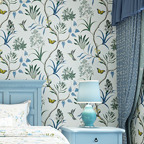 LianLe Papel Pintado Pájaros Mariposas Flores para Decoración de Pared 10M*0.53M,B