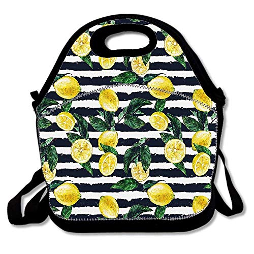 Limones refrescantes modernos sobre fondo de rayas horizontales Obra de arte exótica Yellow Hunter Green Indigo Lunch Bag Neoprene Lunchbox Tote Cooler Warm Pouch For Travel School Office