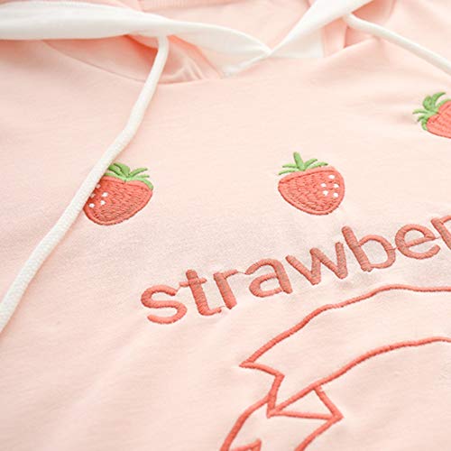 Linda Ulzzang Chicas' Moda Dulce Fresa Fruta Diseño Rosado Capucha Cinta Diseño Verano Confortable Largo Mangas Pull-Over