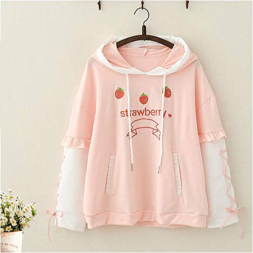 Linda Ulzzang Chicas' Moda Dulce Fresa Fruta Diseño Rosado Capucha Cinta Diseño Verano Confortable Largo Mangas Pull-Over