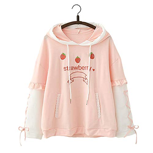 Linda Ulzzang Chicas' Moda Dulce Fresa Fruta Diseño Rosado Capucha Cinta Diseño Verano Confortable Largo Mangas Pull-Over