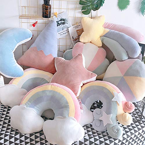 Lindo cojín de color macarón de la serie Sky con diseño de luna, estrella fugaz y arcoíris de felpa, suave almohada de dormir para bebés, sofá para niños, decoración del hogar, regalo para niñas