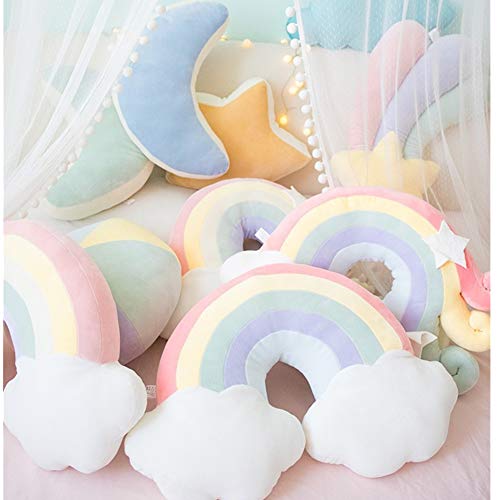 Lindo cojín de color macarón de la serie Sky con diseño de luna, estrella fugaz y arcoíris de felpa, suave almohada de dormir para bebés, sofá para niños, decoración del hogar, regalo para niñas