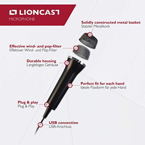 Lioncast 2x Micrófonos USB universal para ordenador y Karaoke; Compatible con juegos de Wii, PS3, PS4, Xbox One y PC como Guitar Hero, Rock Star, etc .; Cable de 2,5 m - Negro