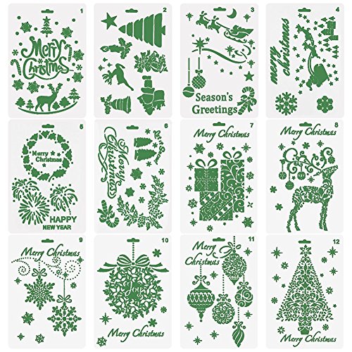 Lirener 12 Piezas Plantillas de la Fiesta de Navidad plástico Dibujo Pintura Stencil Escala gráficos Plantilla para DIY álbum de Fotos Cuaderno Diario de Recortes y Manualidades, 25.9x17.2cm