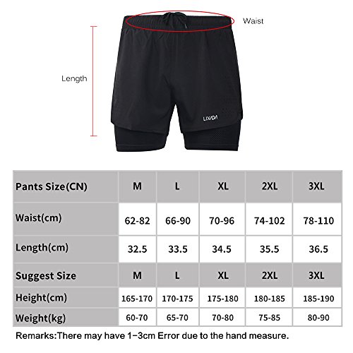 Lixada Hombres Pantalónes Cortos de Running 2-en-1, Pantalones Cortos de Atletismo, Pantalones Cortos de Fitness Maratón, Transpirable Pantalones+Secado Rápido (Negro, XL)