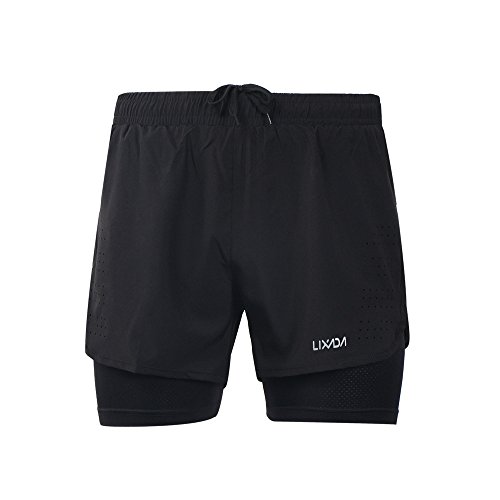 Lixada Hombres Pantalónes Cortos de Running 2-en-1, Pantalones Cortos de Atletismo, Pantalones Cortos de Fitness Maratón, Transpirable Pantalones+Secado Rápido (Negro, XL)