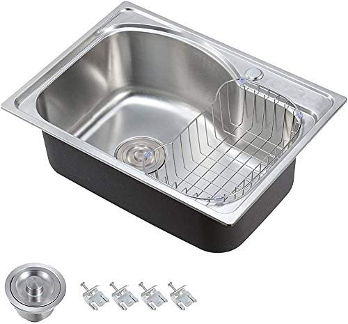 LJJTDS Muebles de Cocina Moderna, Fregadero de Acero Inoxidable con una Sola Bol de Cocina desagüe de la Pila Cuadrada Cesta, el tamaño de 560x410mm / 22"x16.1,Silver