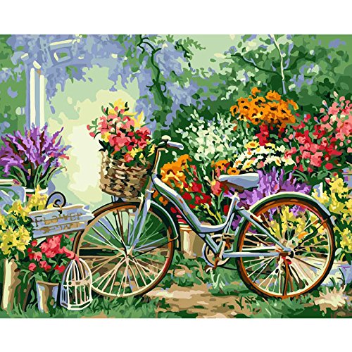 LJYLQ Pintar por numeros ,para Adultos Niños Pintura por Números con Pinceles y Pinturas Flores y Bicicleta para Adultos, niños, decoración del hogar. 40 cm x 50 cm (Sin Marco)