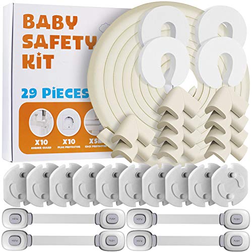 Locn 29 Piezas Kit Seguridad Bebe, 10 Protector Esquinas Niños,10 Seguridad Enchufes Bebes, 5 Metros Protector de Esquinas y Bordes, 4 Cierres Seguridad Bebe, 4 Protector Puertas Niños