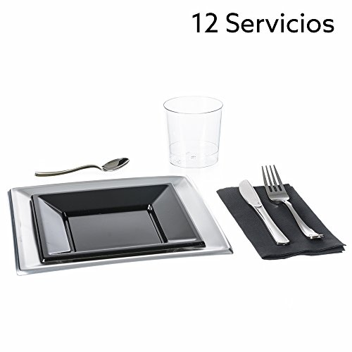 Lola Home Vajilla desechable para 12 Personas Moderna Plateada de plástico para Comedor LOLAhome