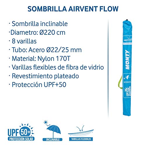 LOLAhome Sombrilla Playa con Soporte antiviento Azul de Acero y Fibra Vidrio (Ø 220 cm)