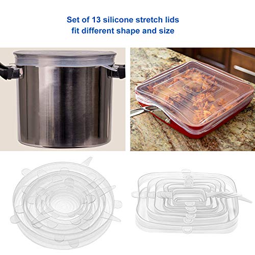 longzon 13 Piezas Tapas Silicona Ajustables,Tapas de Silicona Reutilizables Ecológicas,7 Redondas y 6 Cuadradas de Tapas de Silicona Sin BPA para Lavavajillas, Microondas,Refrigerador, Transparentes