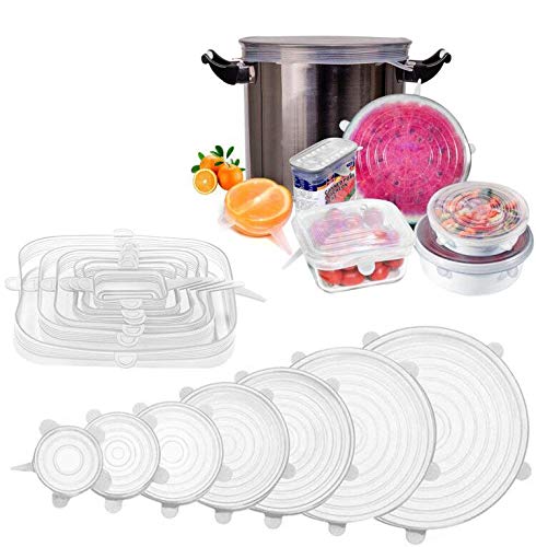 longzon 13 Piezas Tapas Silicona Ajustables,Tapas de Silicona Reutilizables Ecológicas,7 Redondas y 6 Cuadradas de Tapas de Silicona Sin BPA para Lavavajillas, Microondas,Refrigerador, Transparentes