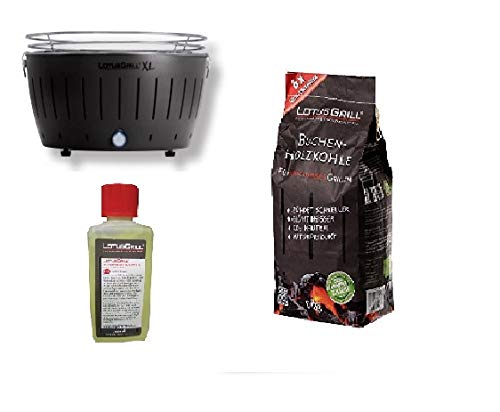 LotusGrill - Nuevo Modelo 2019 - Barbacoa XL Negro con baterías y Cable de alimentación USB + 1 Kg Bolsa Carbón de Haya + 200 Ml Gel Bioetanol - ¡Paquete Exclusivo de YesEatIs!