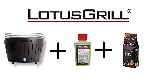 LotusGrill - Nuevo Modelo 2019 - Barbacoa XL Negro con baterías y Cable de alimentación USB + 1 Kg Bolsa Carbón de Haya + 200 Ml Gel Bioetanol - ¡Paquete Exclusivo de YesEatIs!