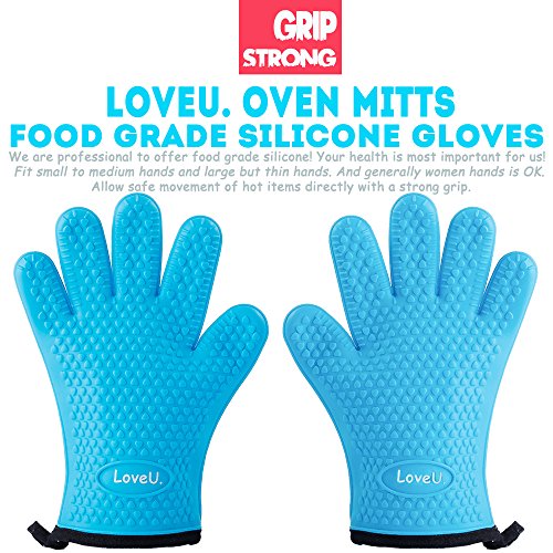 Loveuing Guantes para Horno, Guantes de Barbacoa de Doble Capa de Silicona y Algodón, Guantes de Cocina Resistentes al Calor, Guantes Flexibles para Parrilla y Hornear (Azul, Una Talla Libre)