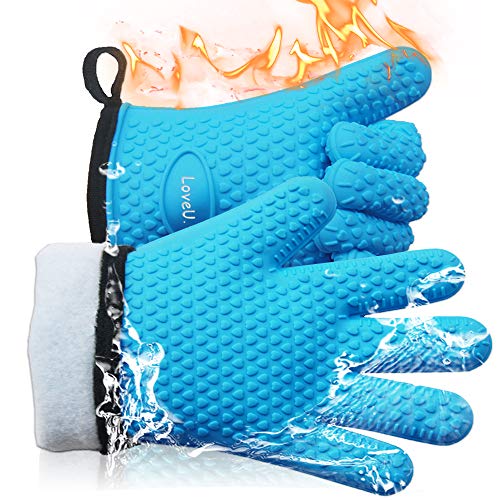 Loveuing Guantes para Horno, Guantes de Barbacoa de Doble Capa de Silicona y Algodón, Guantes de Cocina Resistentes al Calor, Guantes Flexibles para Parrilla y Hornear (Azul, Una Talla Libre)