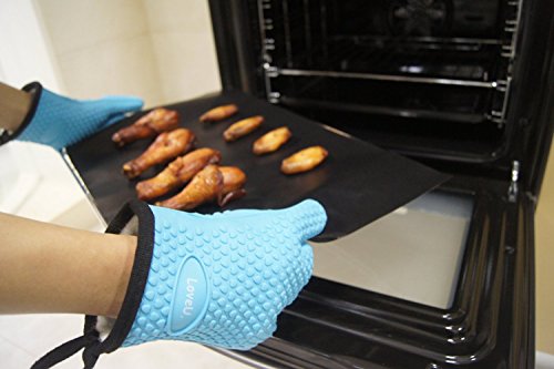 Loveuing Guantes para Horno, Guantes de Barbacoa de Doble Capa de Silicona y Algodón, Guantes de Cocina Resistentes al Calor, Guantes Flexibles para Parrilla y Hornear (Azul, Una Talla Libre)