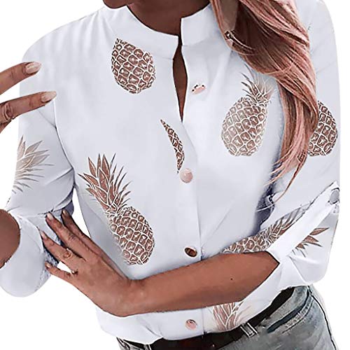 Luckycat Camiseta Basica Top de Camiseta con Piña Estampado de Cuello En V de Mujer, Mujeres Camisa Elegante Blusa Mangas Largas Camiseta Polsillo Escote V