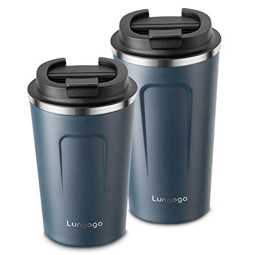 Lungogo Taza de Café Reutilizable Vacío de Acero Inoxidable Termo Taza Café para Llevar Taza de Viaje a Prueba de Fugas Vaso Termico 380ML+480ML, Azul