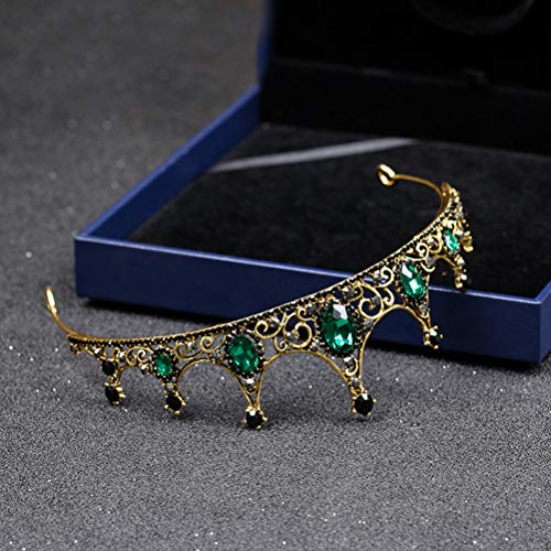 Lurrose Tiara dorada con corona de cristal verde y adorno de diamantes de imitación negro con cabeza de nupcial