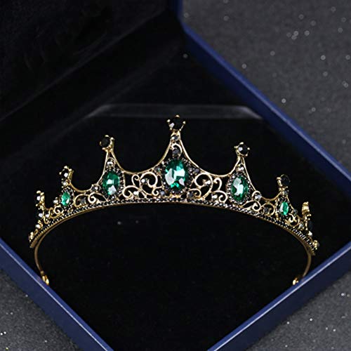 Lurrose Tiara dorada con corona de cristal verde y adorno de diamantes de imitación negro con cabeza de nupcial