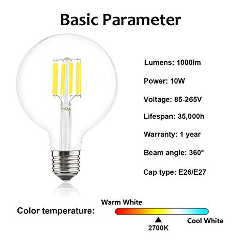 LuxVista 10W G125 E27 1000 Lúmenes LED Globo Edison Filamento Bombilla para Habitación, Comedor, Estudio, Cafetería, Pasillo, Salón, Bar (Luz Cálida 2700K)