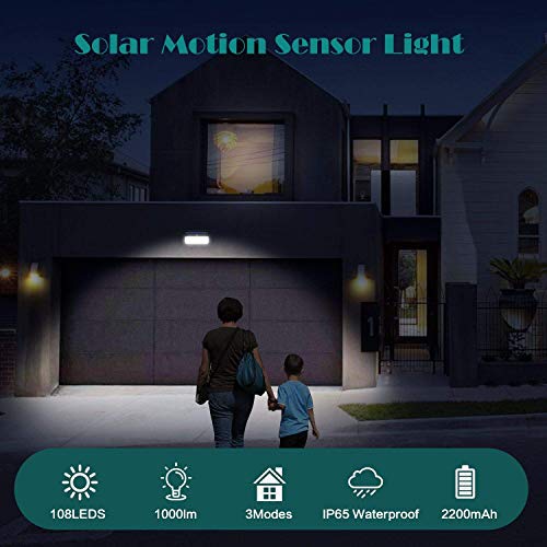 Luz Solar Exterior 108LED, Kilponen Foco Solar Exterior con Sensor de Movimiento Lámpara Solar Impermeable Gran Ángulo 270º de Iluminación Luces Solares Jardín 2200mAh y 3 Modos Inteligentes 2-Paquete