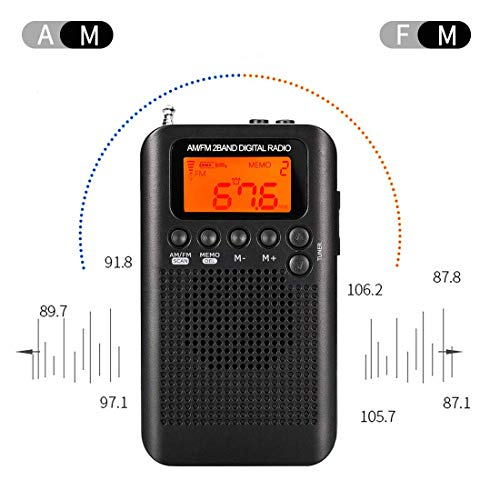 Lychee Radio de Bolsillo Portátil Mini Am Radio Estéreo FM con Altavoz, Reloj Despertador y Temporizador para Dormir, Auriculares (Negro)